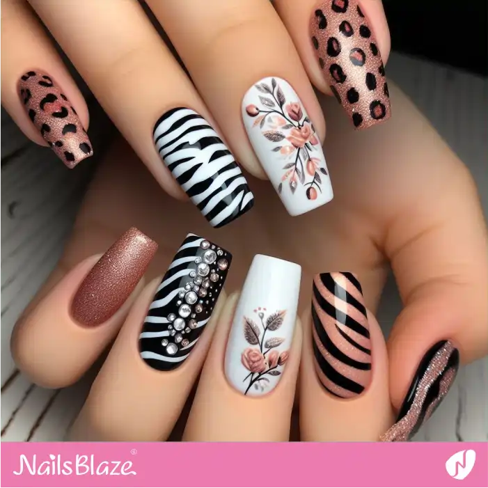 Zebra and Leopard Prints with Flower Design | Animal Print Nails - NB2564
